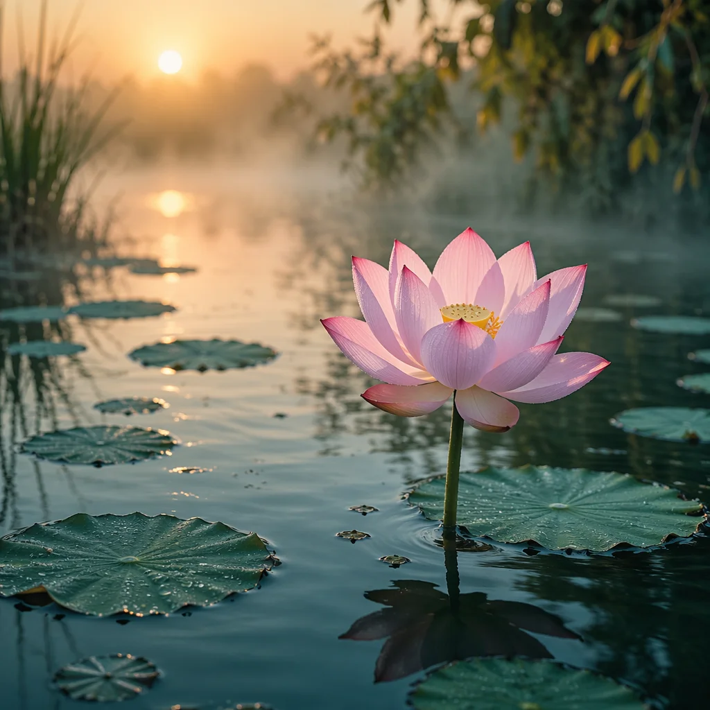 Serene Pink Lotus at Sunrise Pond