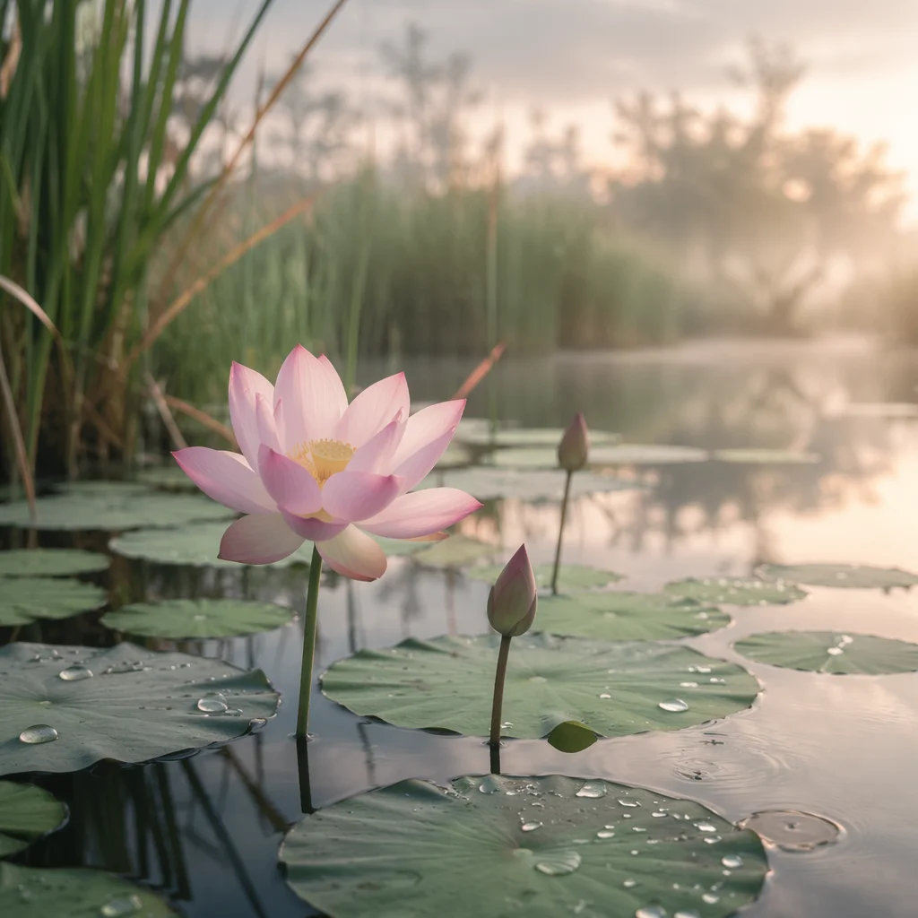 Serene Pink Lotus at Dawn Pond