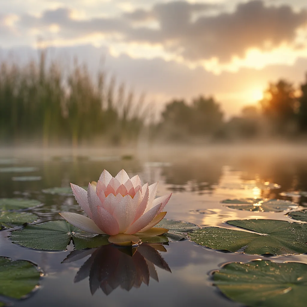 Serene Dawn Lotus on Misty Pond