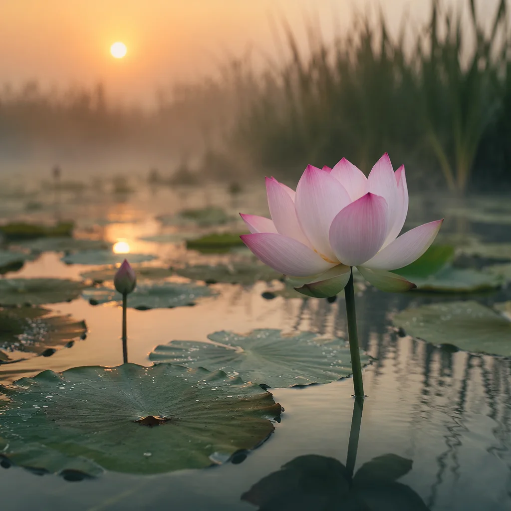 Serene Pink Lotus in Dawn Pond