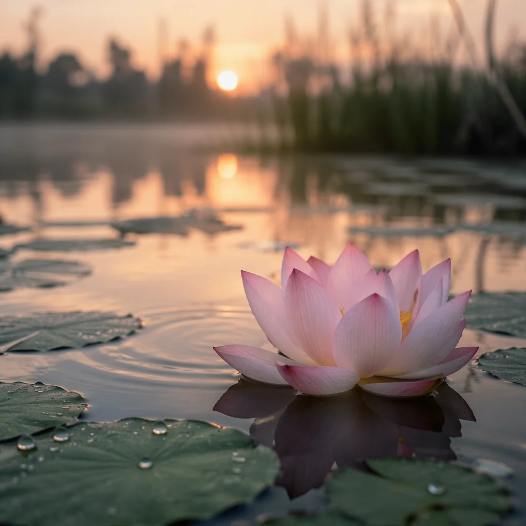 Serene Dawn Lotus on Reflective Pond