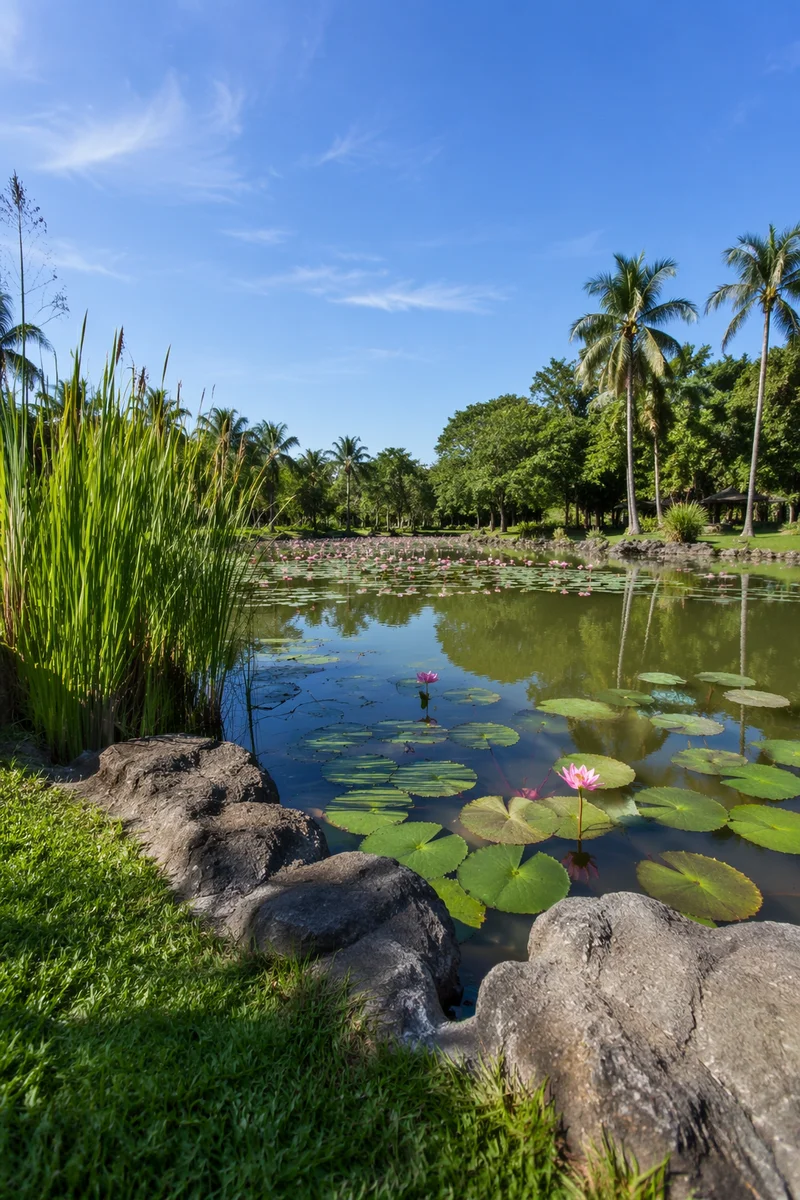 Serene Pink Lotus Pond in Tropical Park