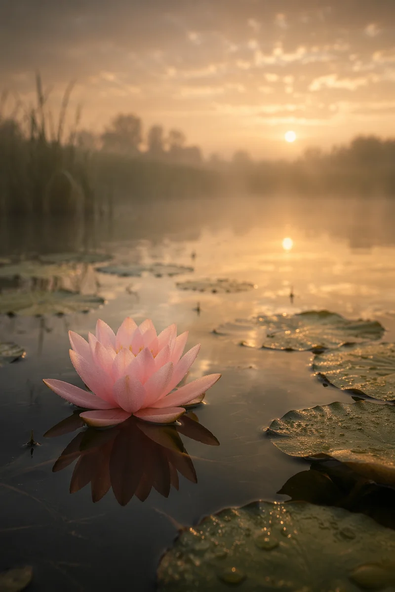 Serene Pink Lotus on Misty Dawn Pond
