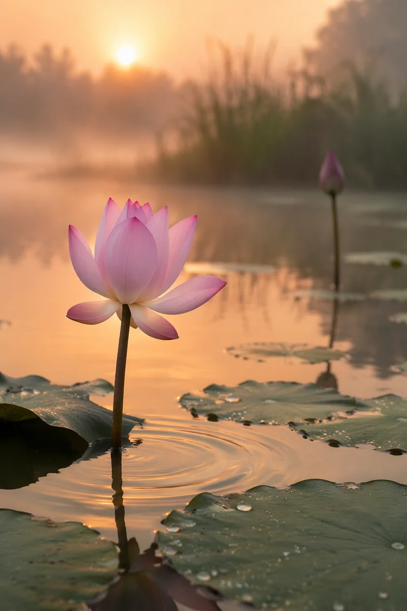 Serene Pink Lotus on Dawn Pond