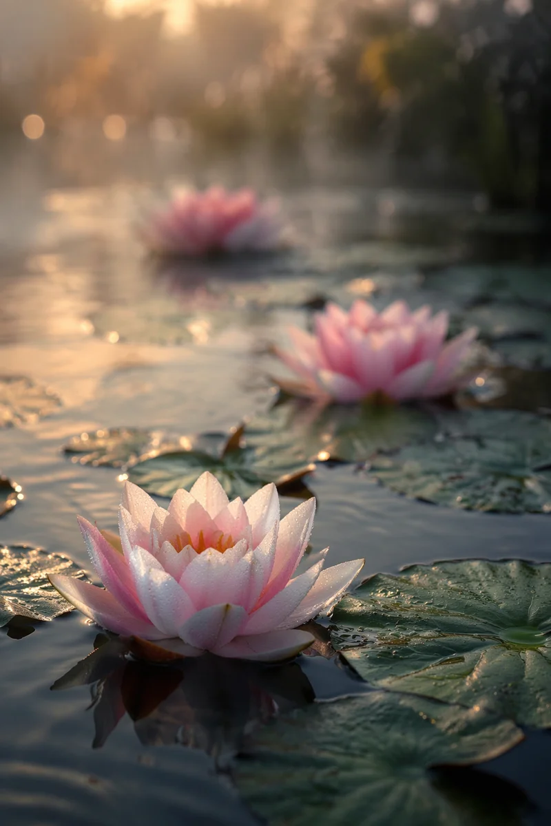 Serene Lotus Flowers on Dawn Garden Pond