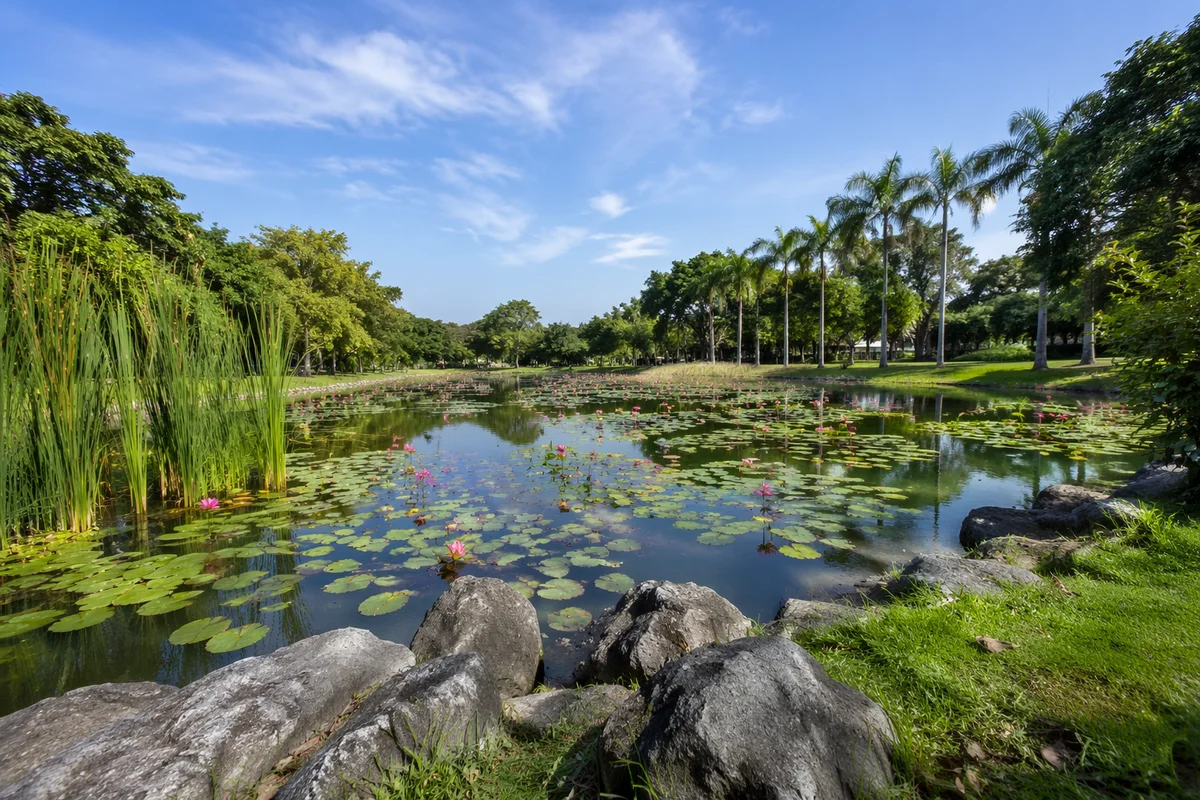 Serene Pink Lotus Pond in Tropical Park