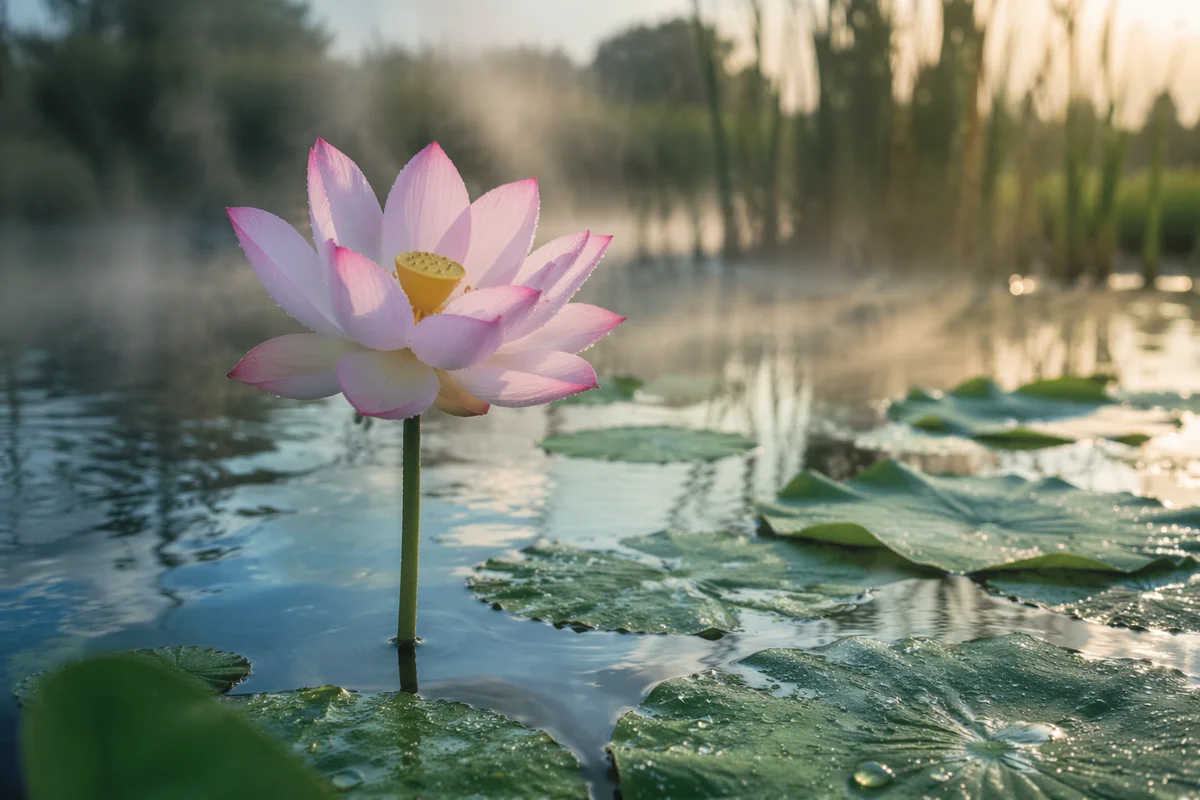 Serene Pink Lotus at Dawn Pond