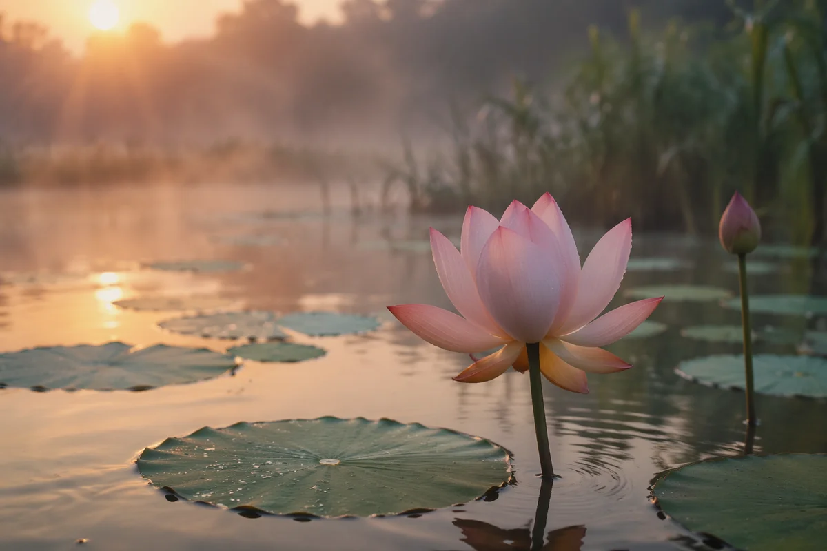 Serene Pink Lotus in Dawn Pond