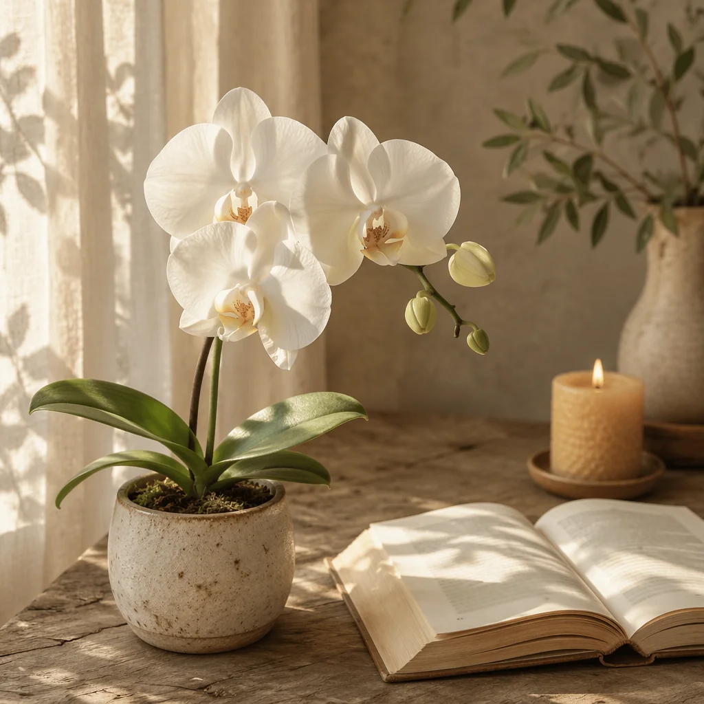 White Orchid on Sunlit Wooden Table