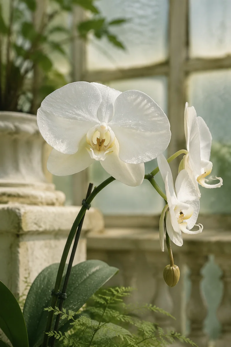 Elegant White Orchid in Sunlit Conservatory