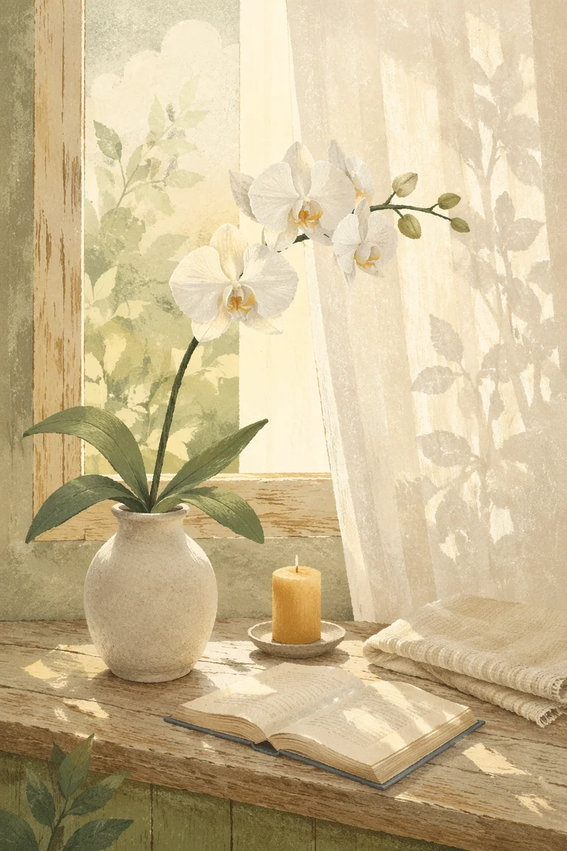 White Orchid on Sunlit Windowsill