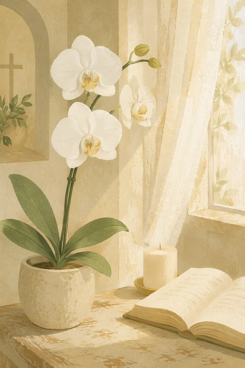 Elegant White Orchid in Sunlit Sanctuary