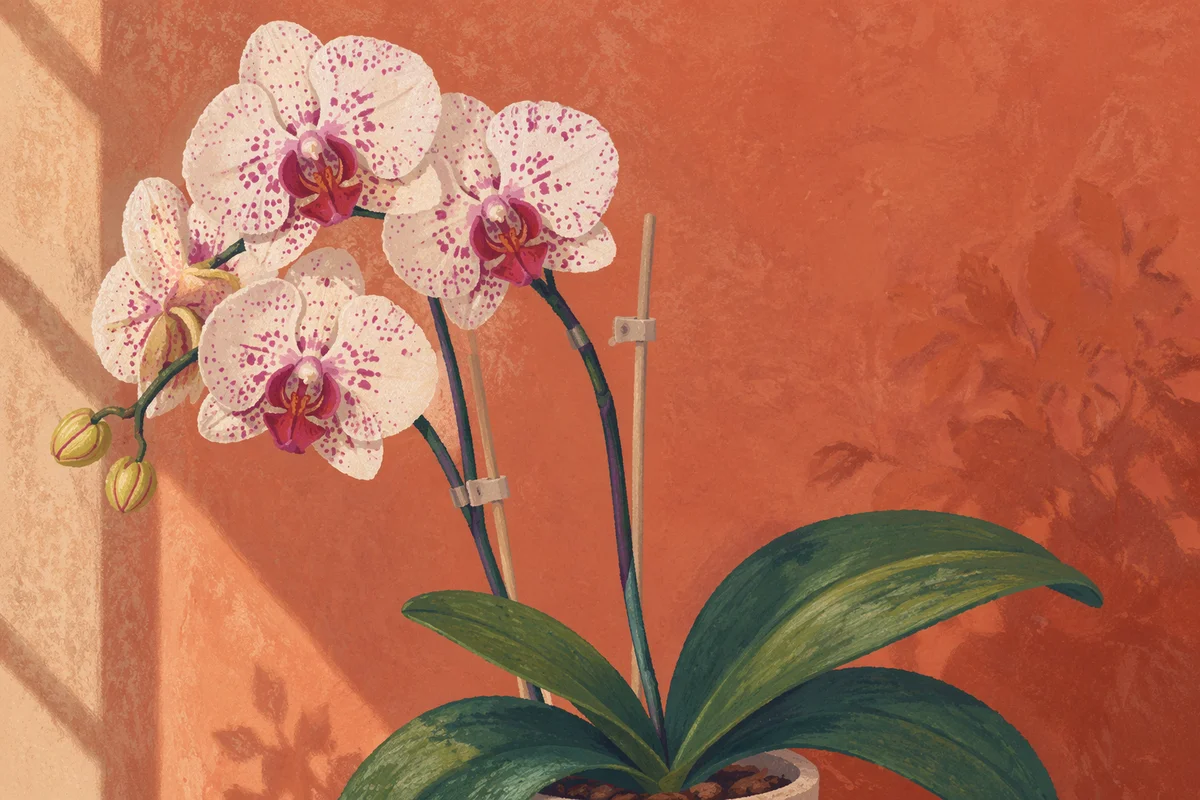 Elegant White Orchid on Terracotta Wall