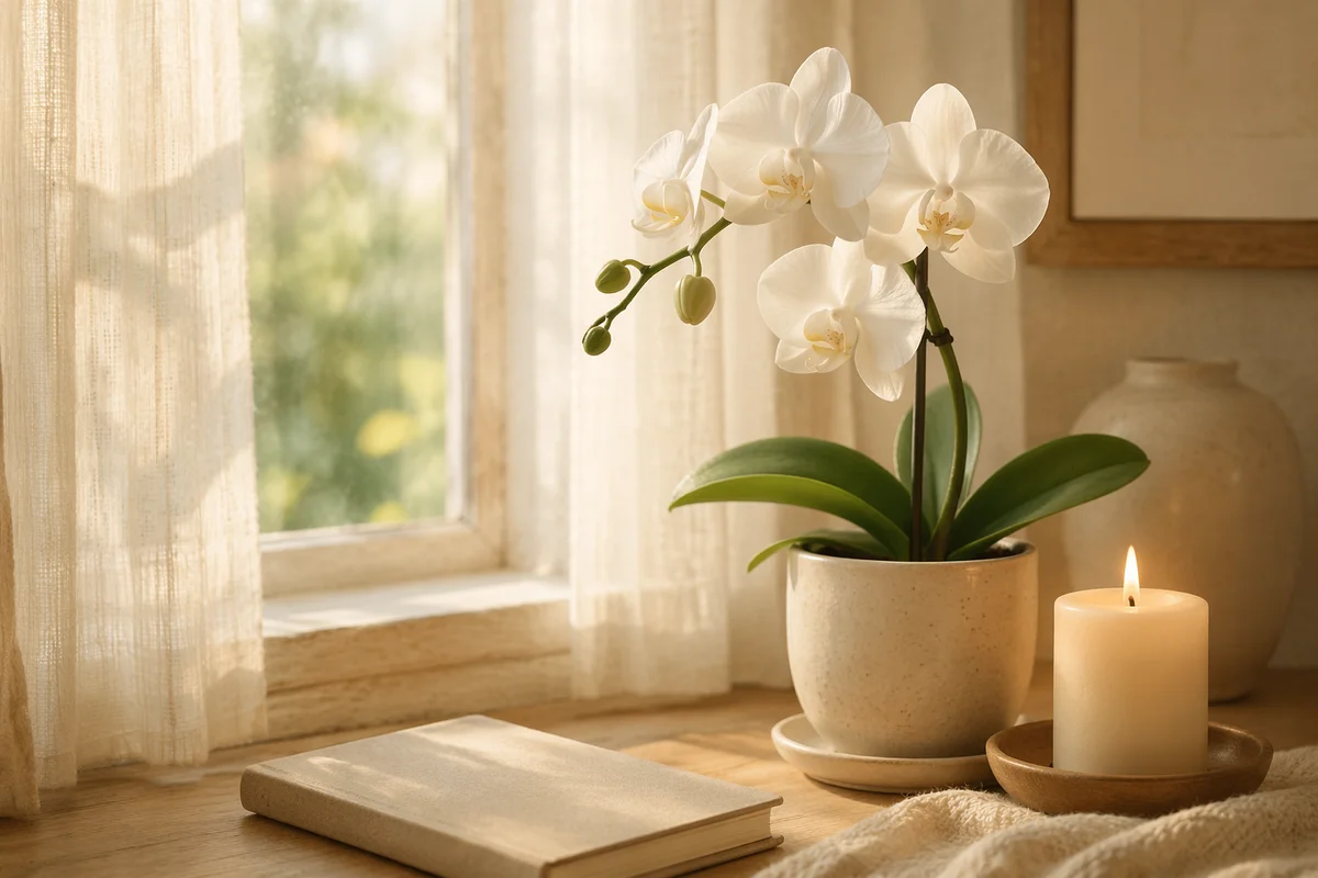 Elegant White Orchid by Candlelight