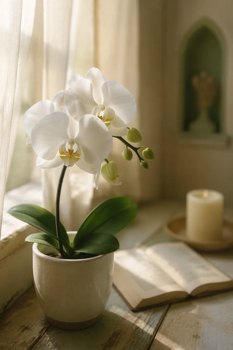 Elegant White Orchid in Sunlit Sanctuary