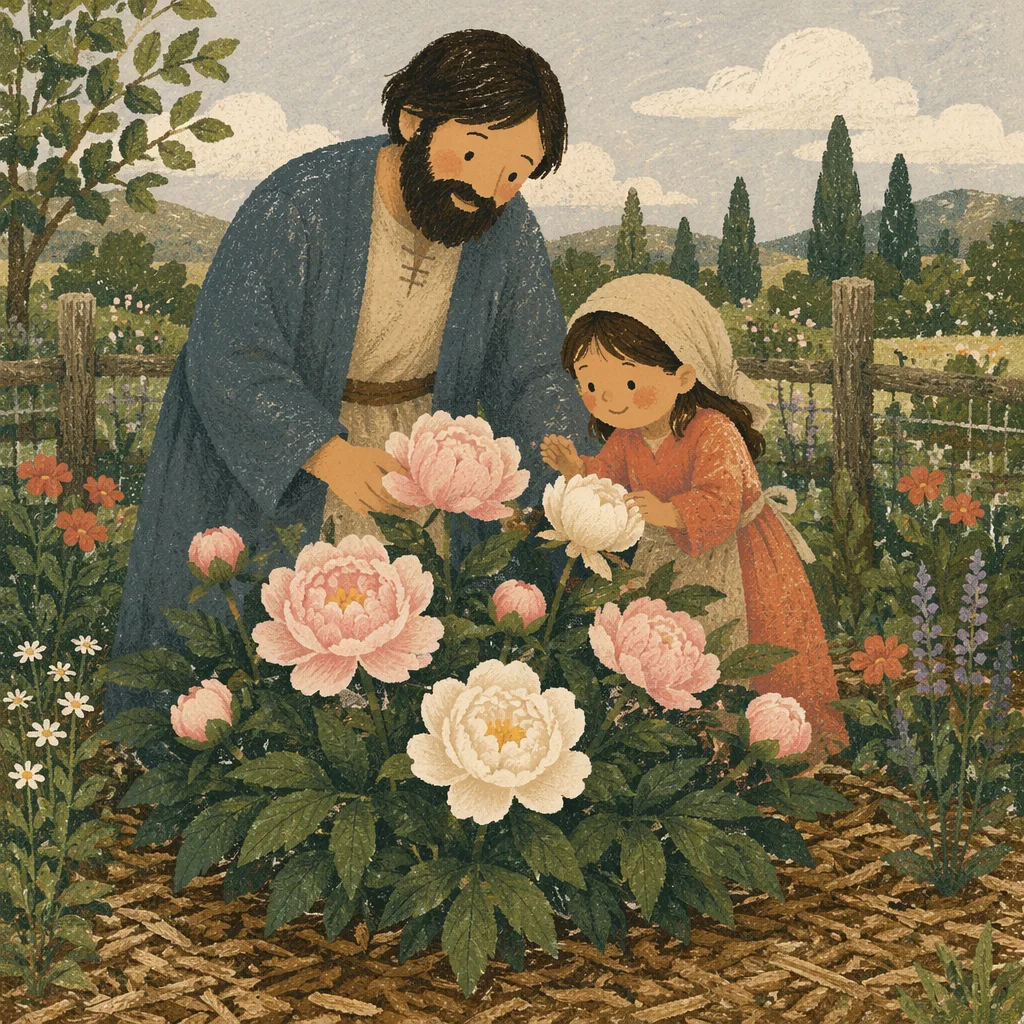 Soft Pink Peonies in Rural Garden