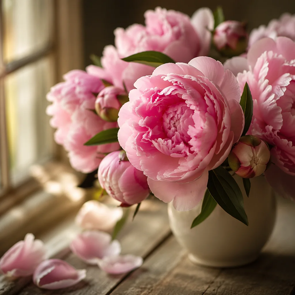 Lush Pink Peonies in Morning Window Light