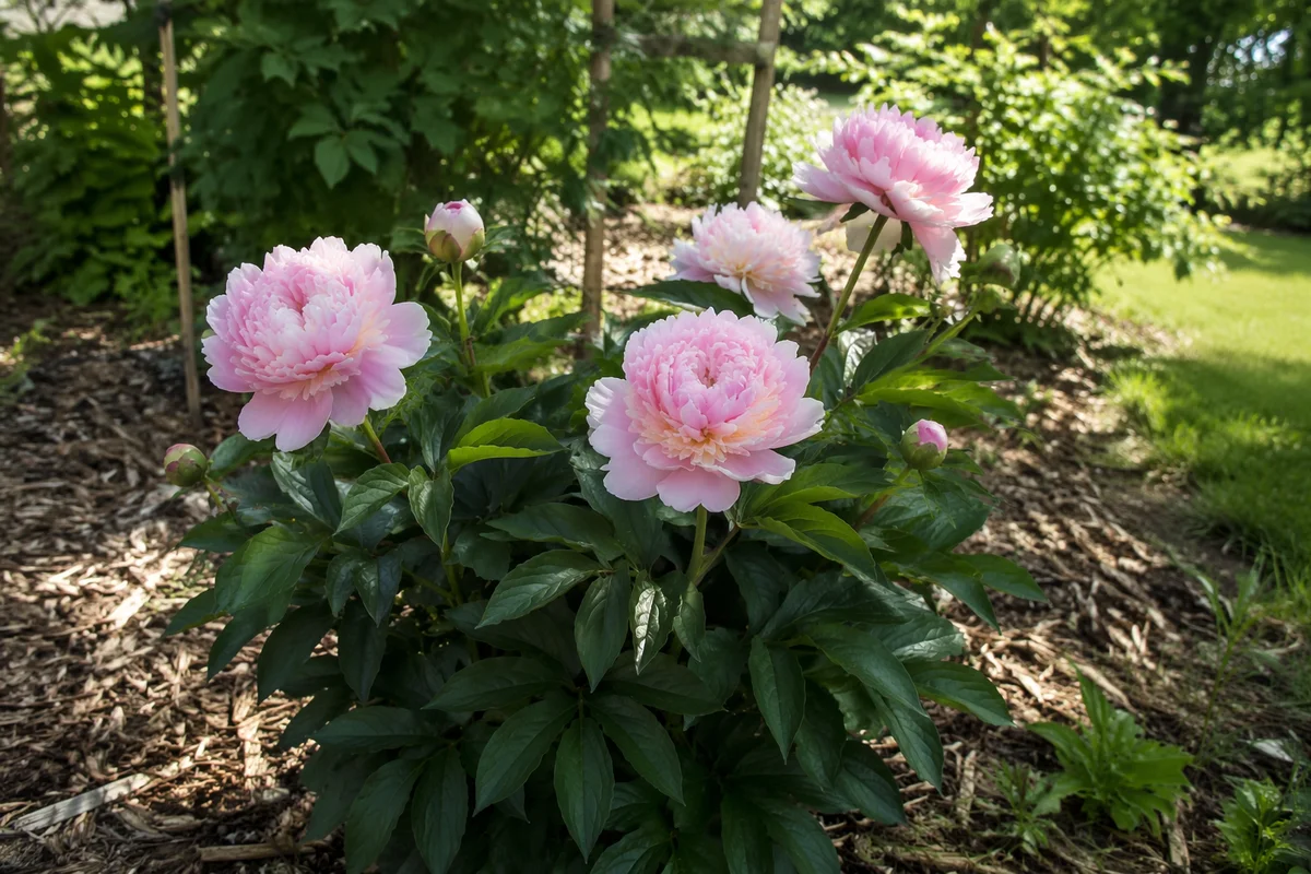 Soft Pink Peonies in Sunlit Garden