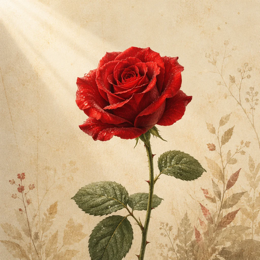 Single Crimson Rose With Dew