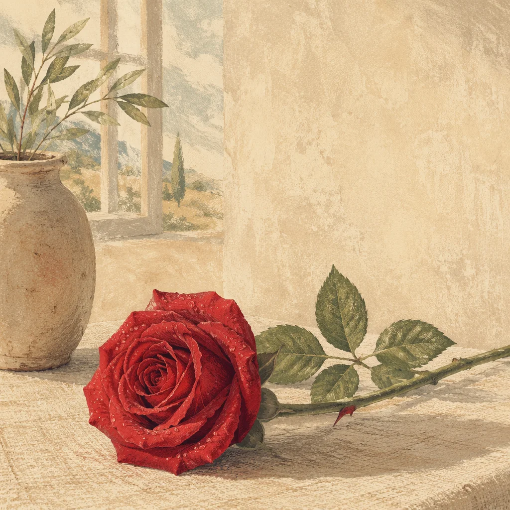 Crimson Rose Stem on Linen Table