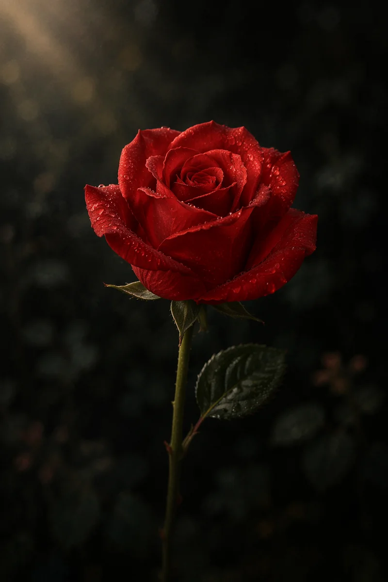 Single Red Rose with Dew in Shadow