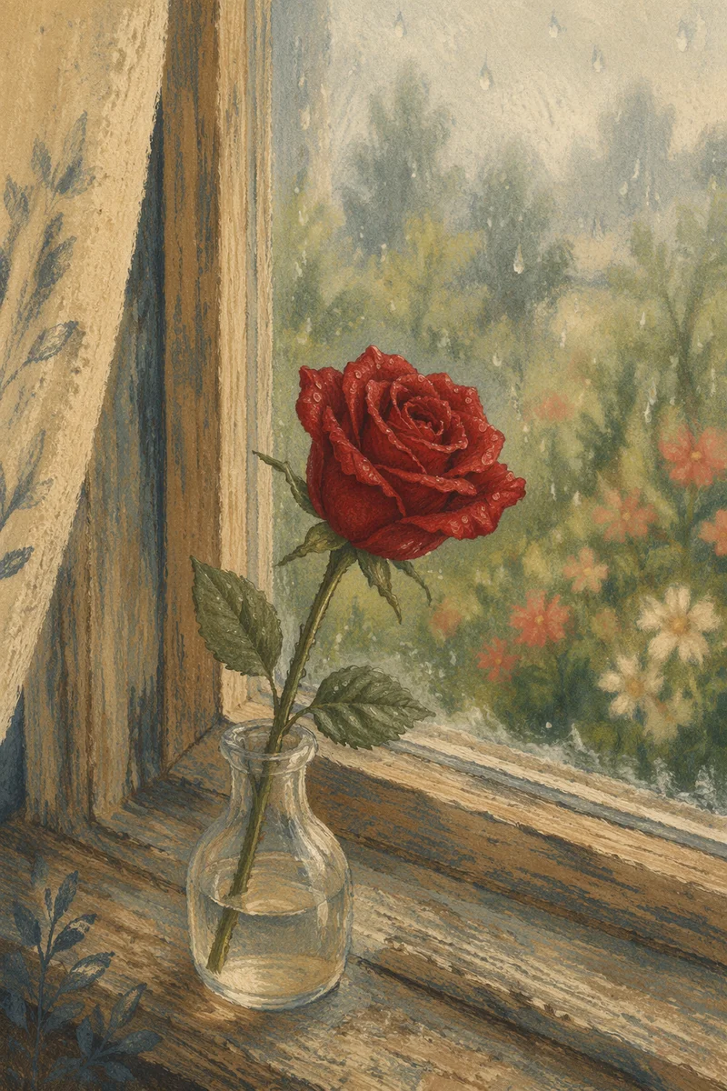 Single Red Rose on Rainy Windowsill
