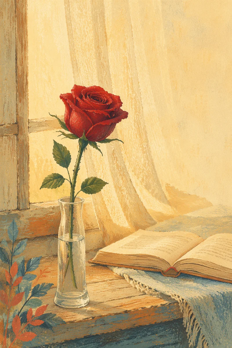 Single Red Rose on Windowsill