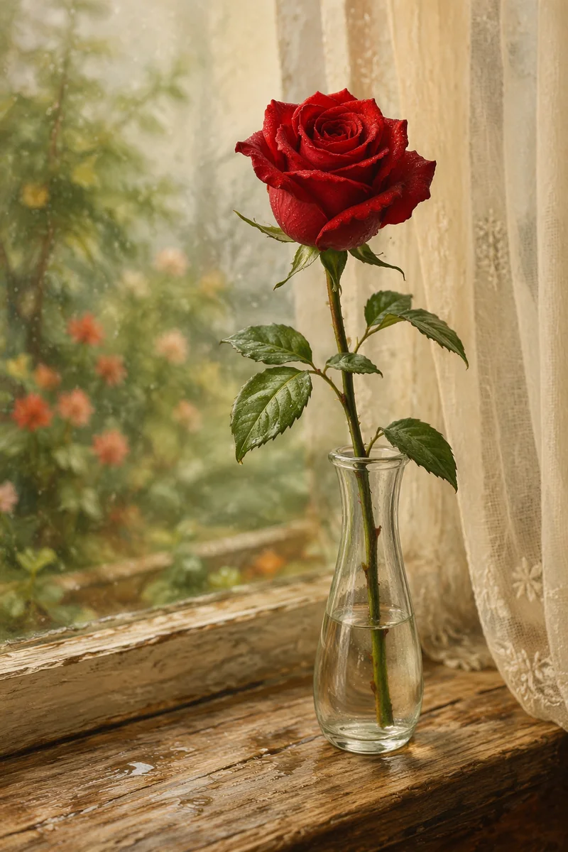 Single Red Rose in Morning Window Light