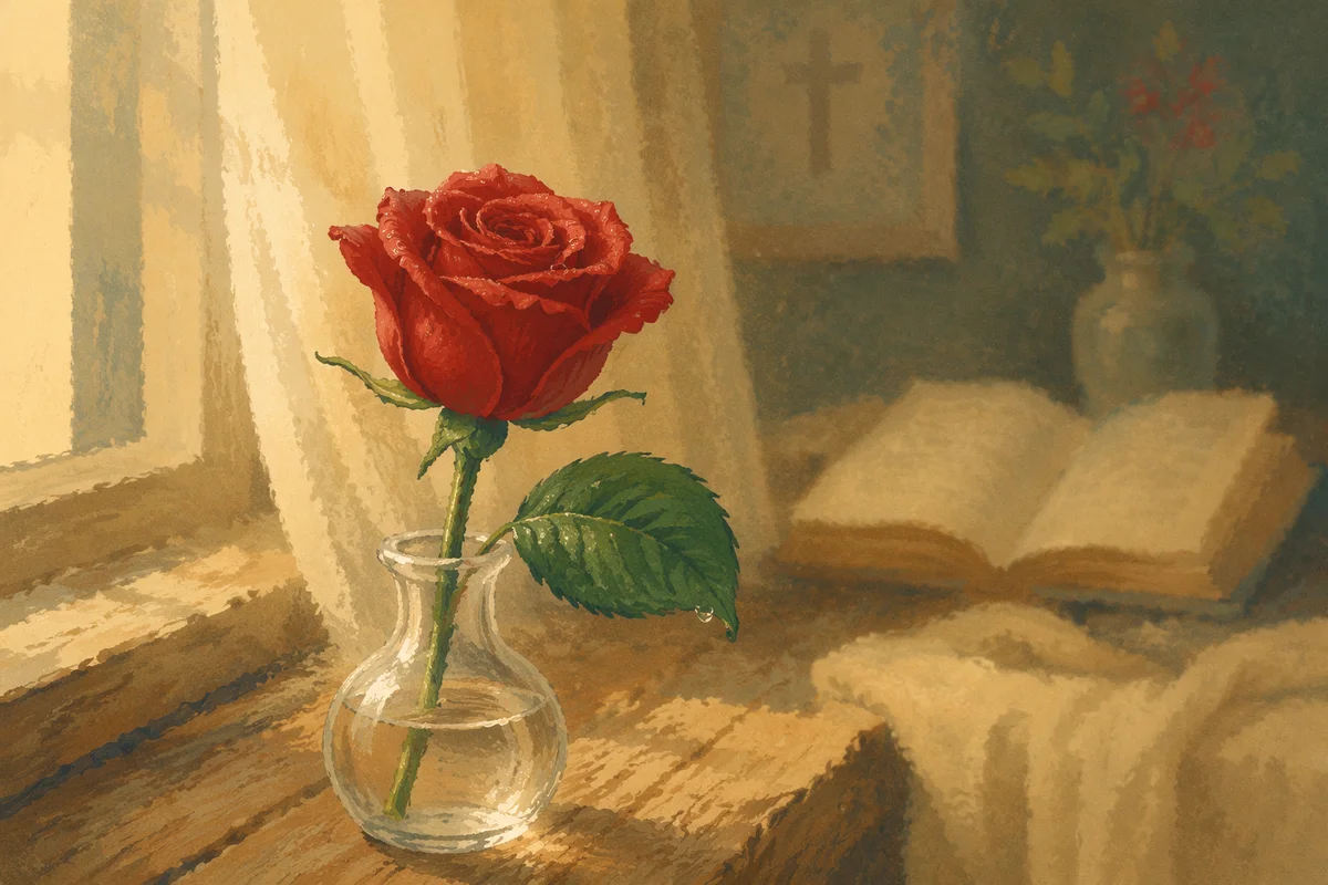 Single Red Rose in Morning Devotion