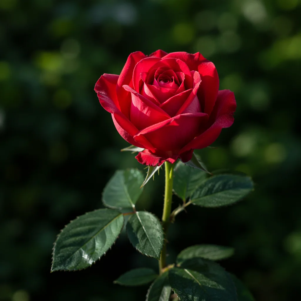 Single Red Rose Close-Up in Garden Light