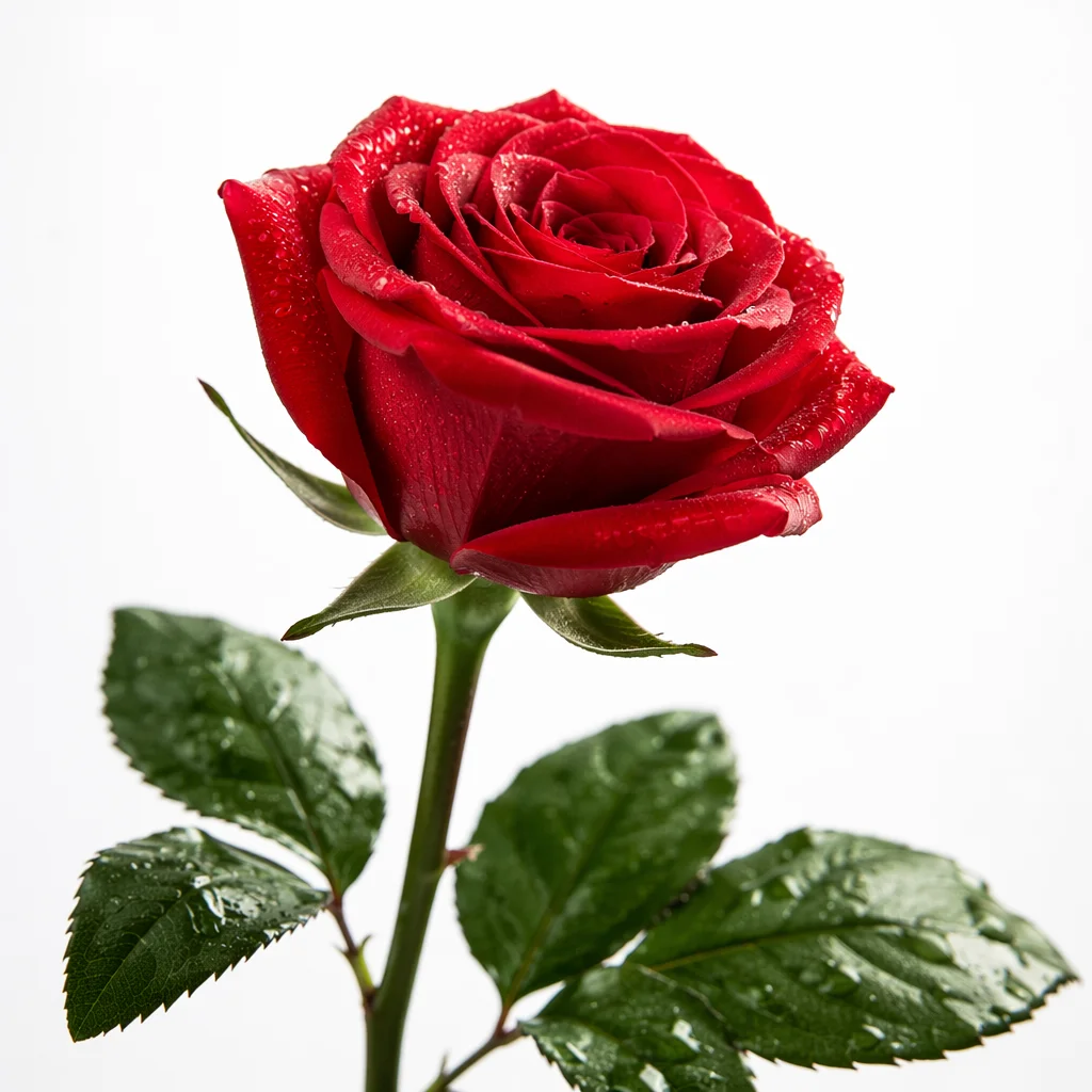 Single Red Rose with Dewdrops