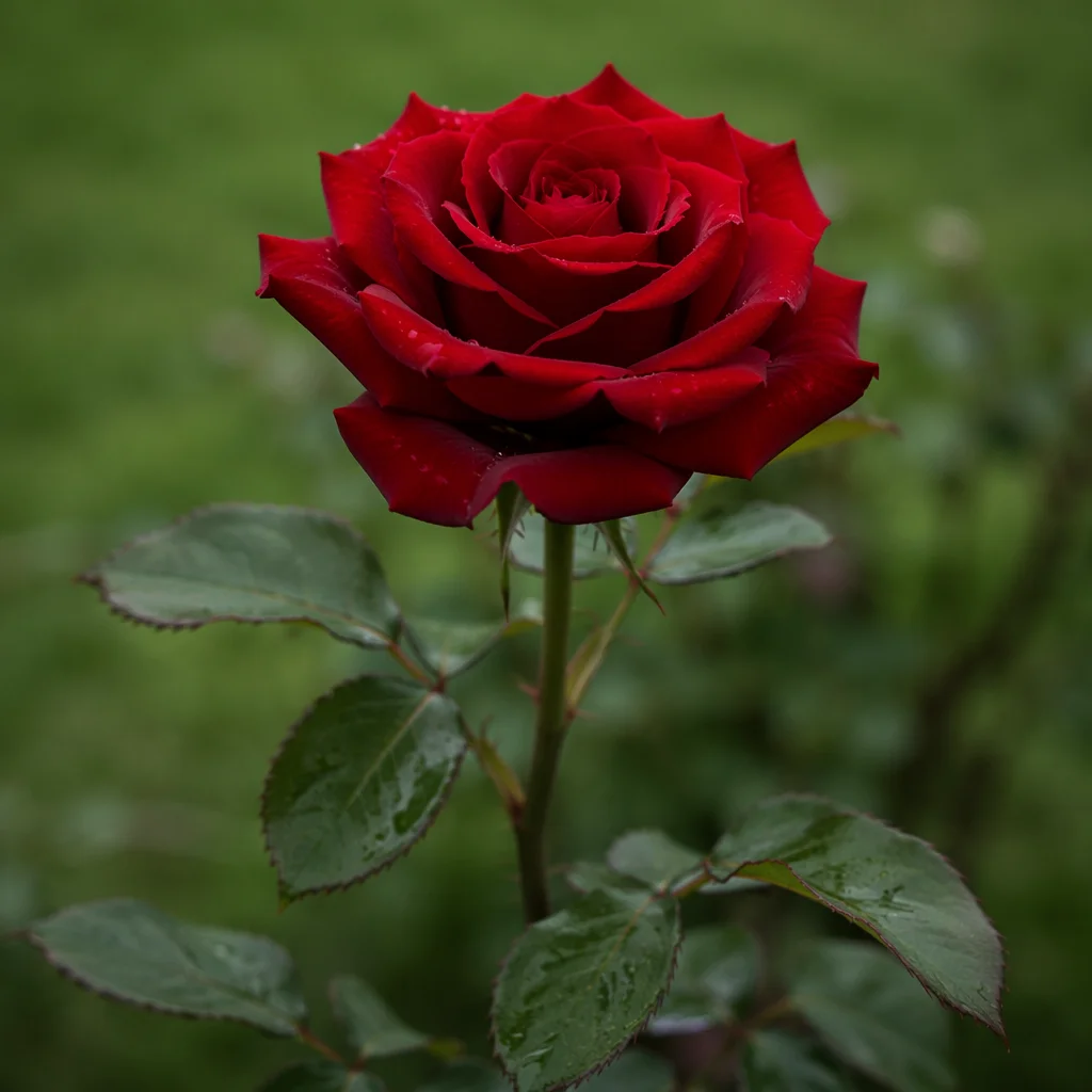 Single Red Rose in Quiet Garden