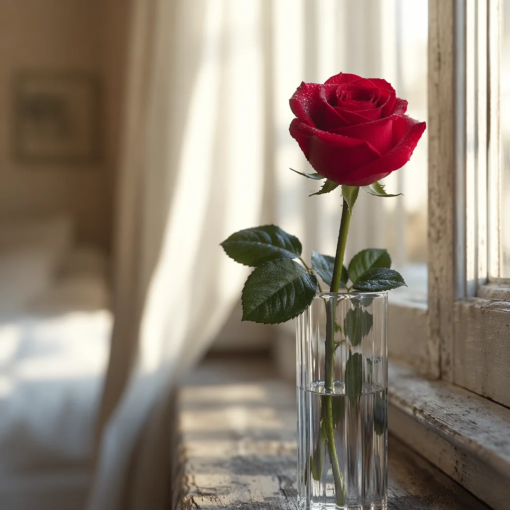 Single Red Rose in Morning Light