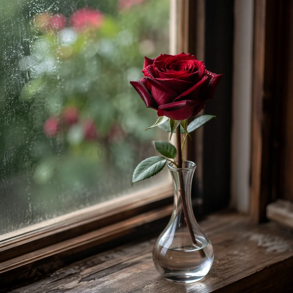 Single Red Rose in Morning Window Light
