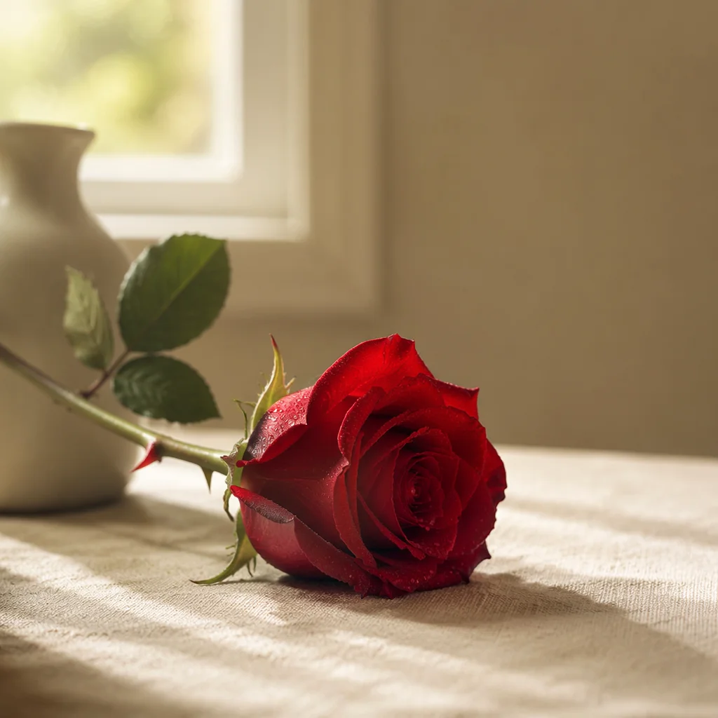 Single Red Rose in Morning Light
