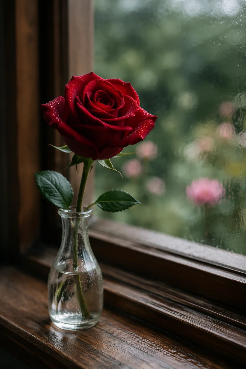 Single Red Rose in Morning Window Light