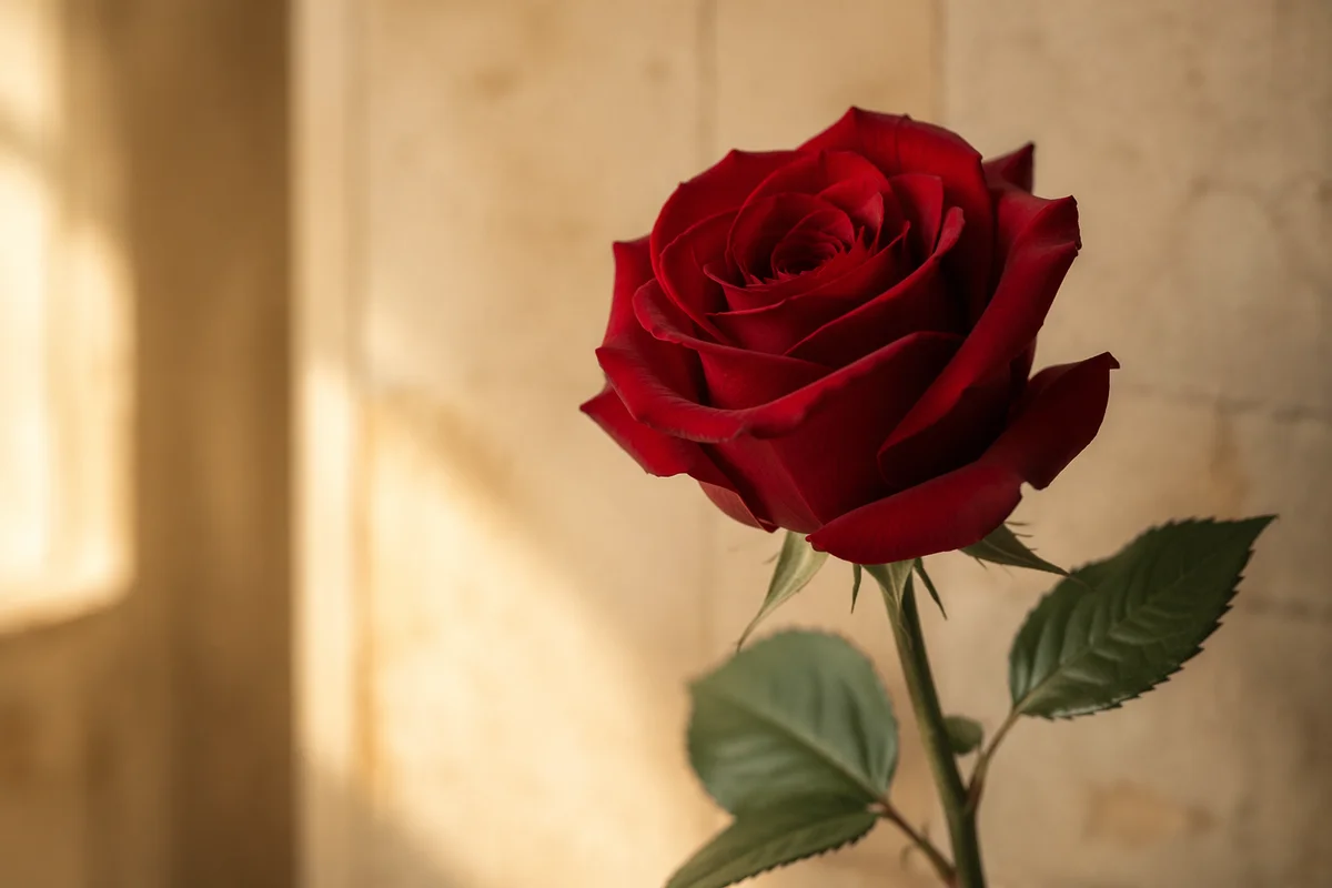 Single Deep Red Rose in Gentle Light