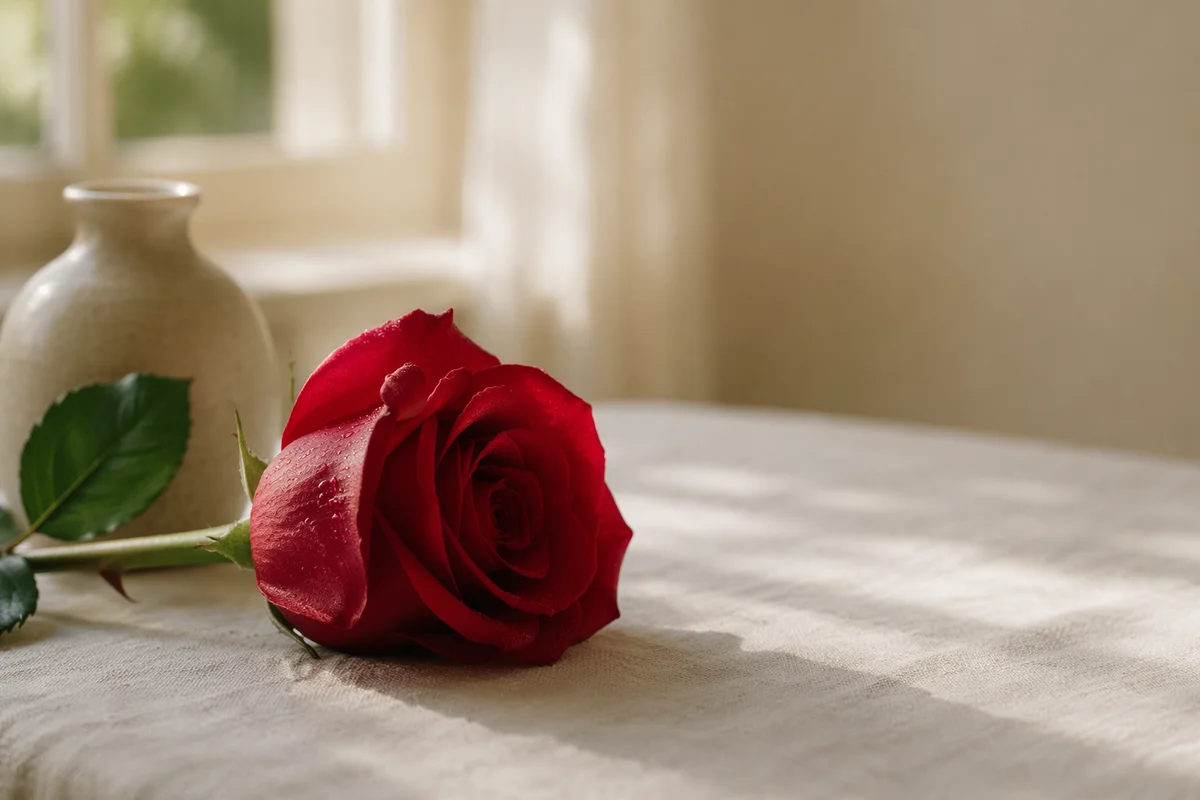 Single Dewy Red Rose on Linen Table