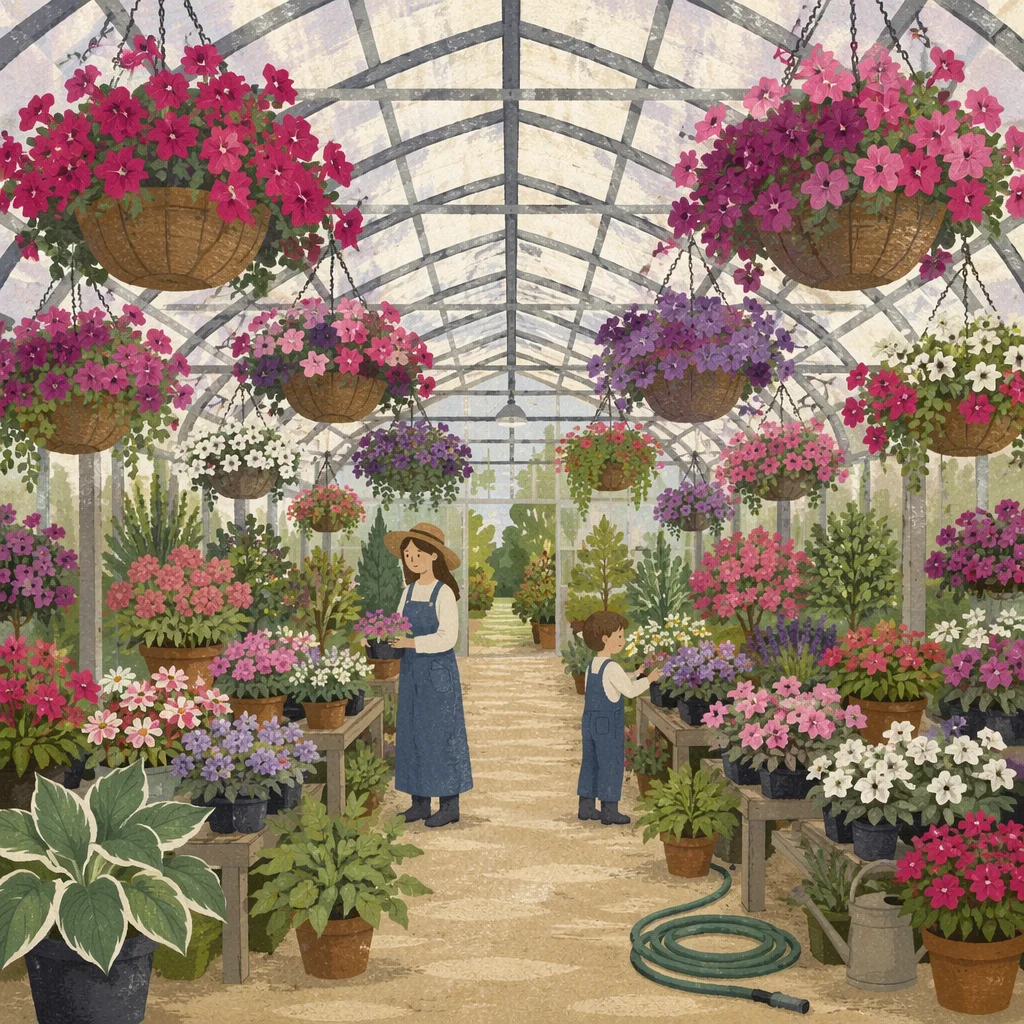 Spring Greenhouse Garden with Blooming Flowers