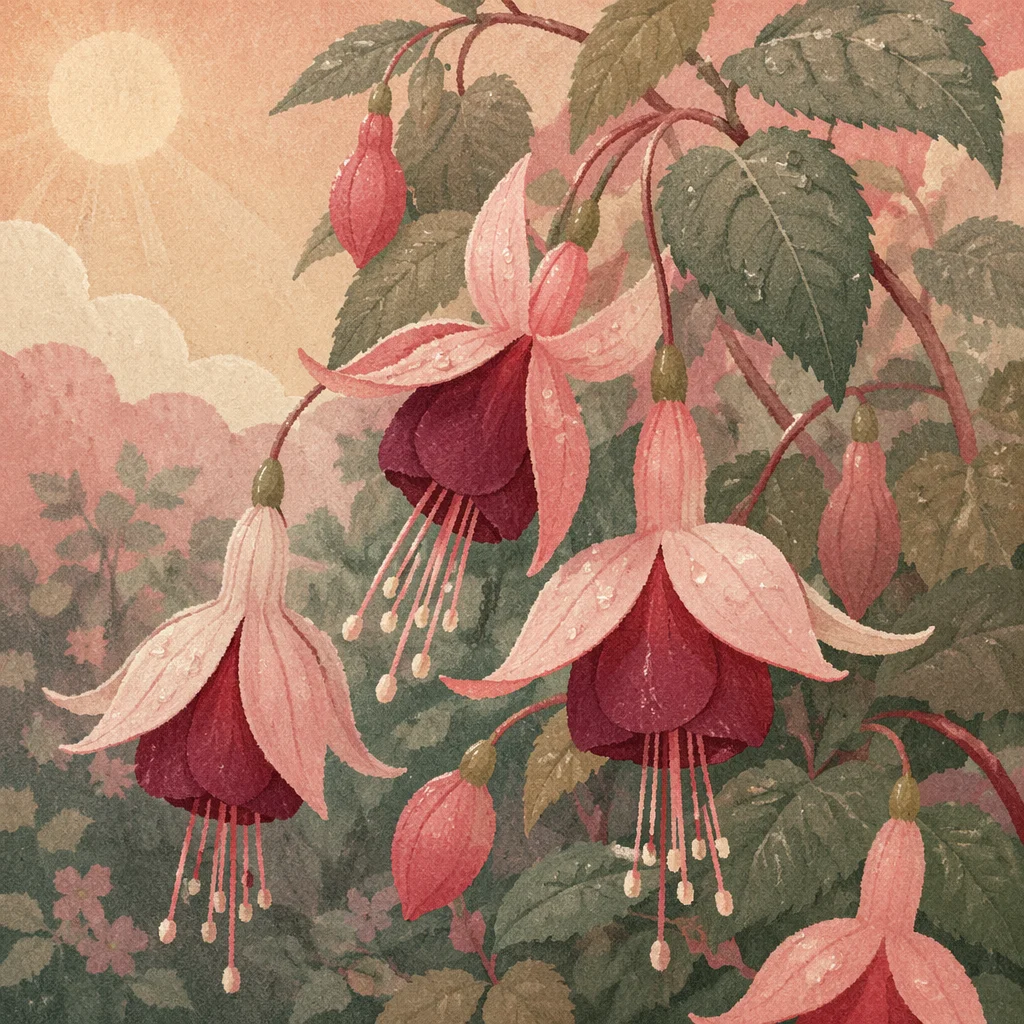 Dewy Spring Fuchsia Blossoms in Garden