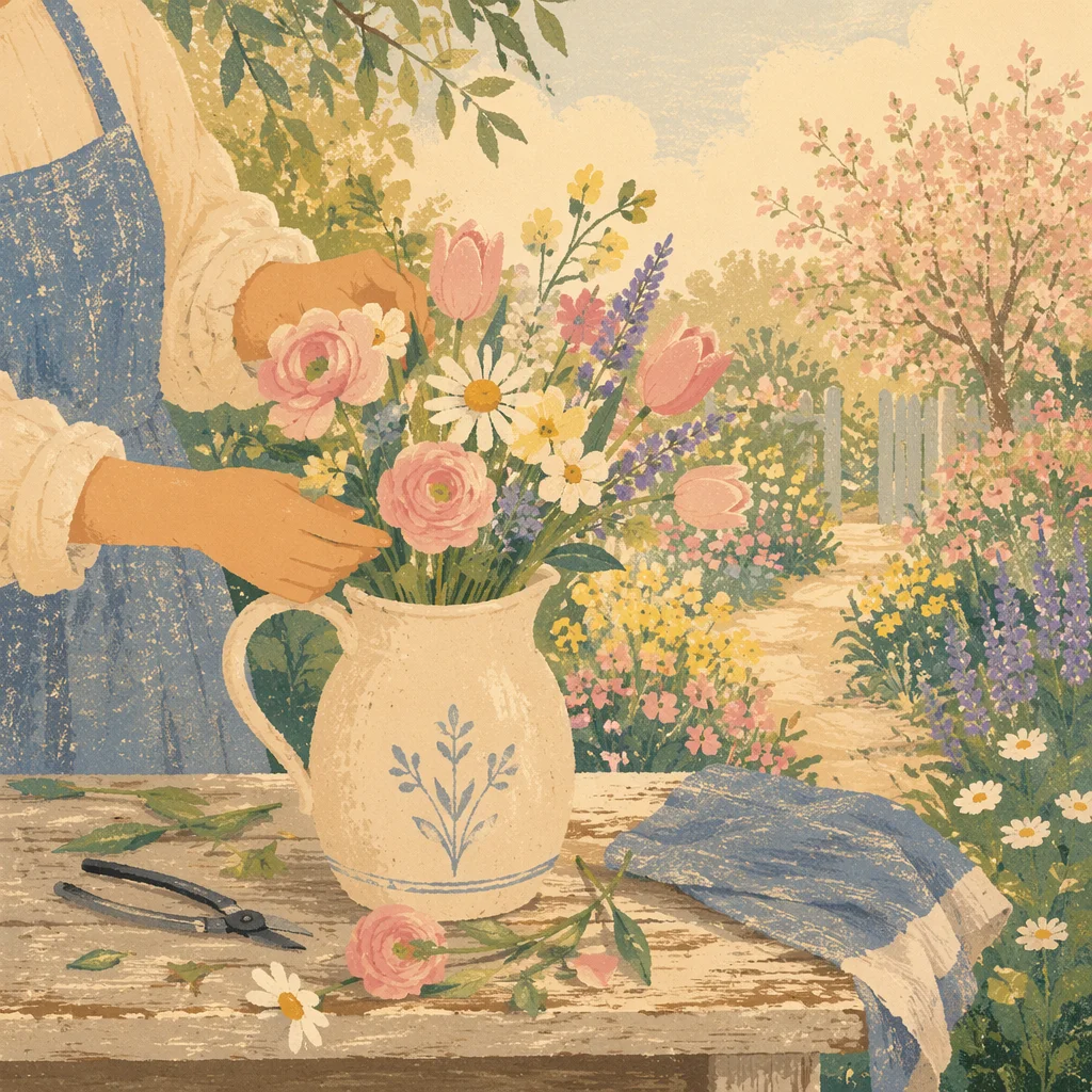 Morning Spring Flowers in Ceramic Pitcher