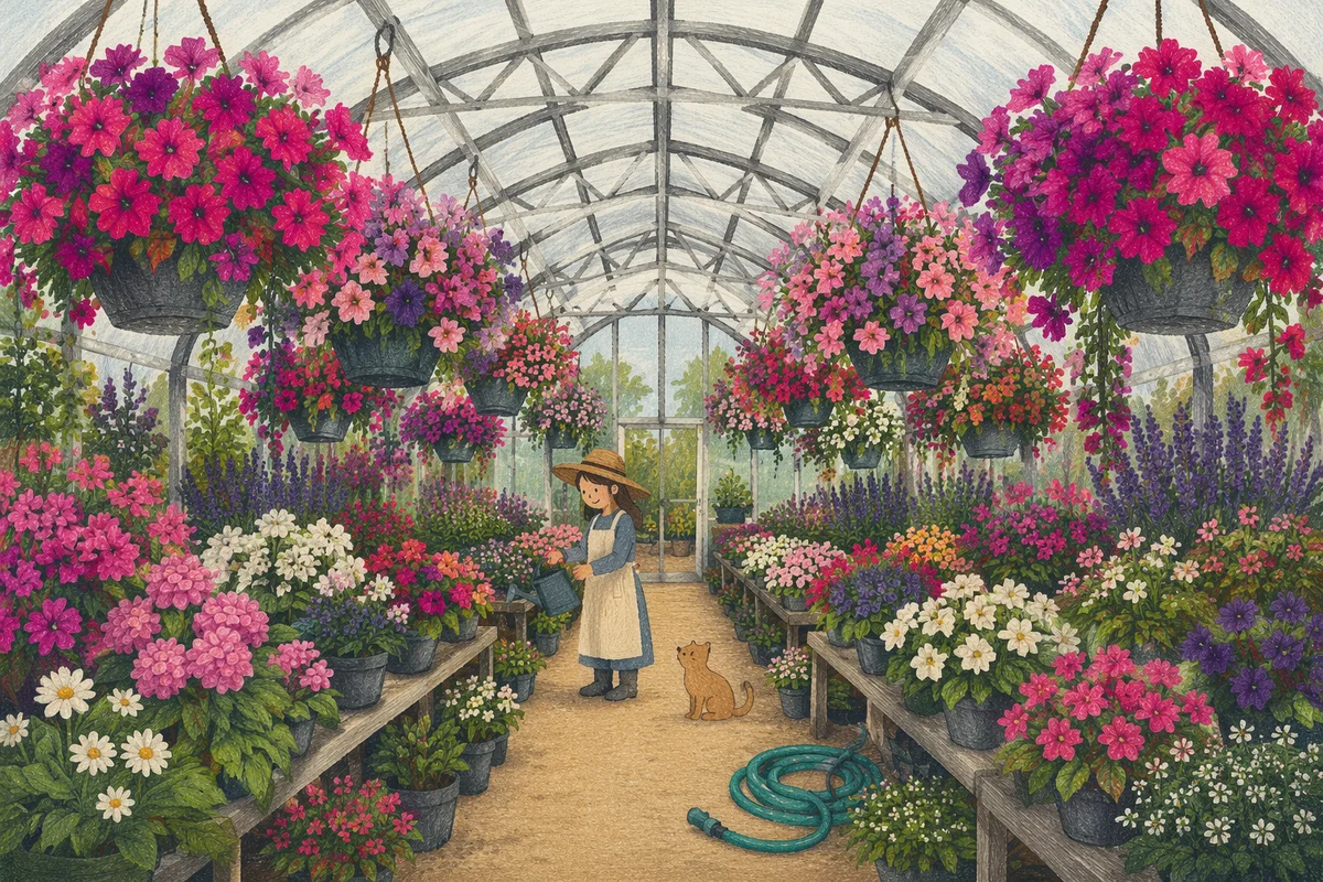 Spring Greenhouse Garden with Blooming Flowers