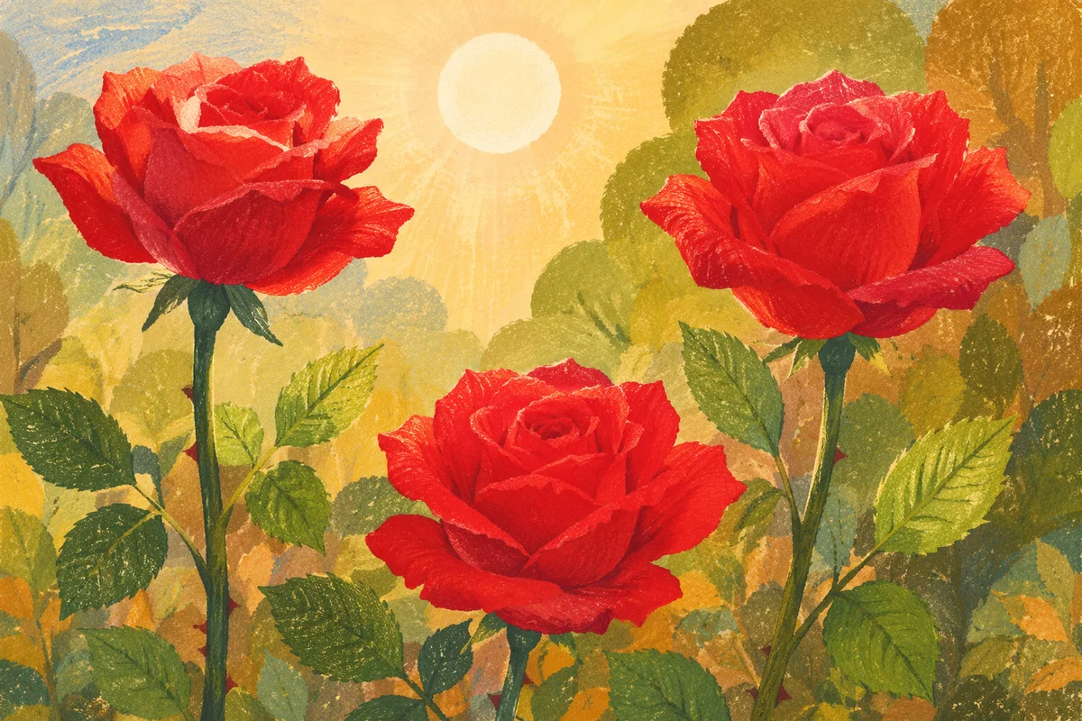 Red Spring Garden Roses in Morning Light