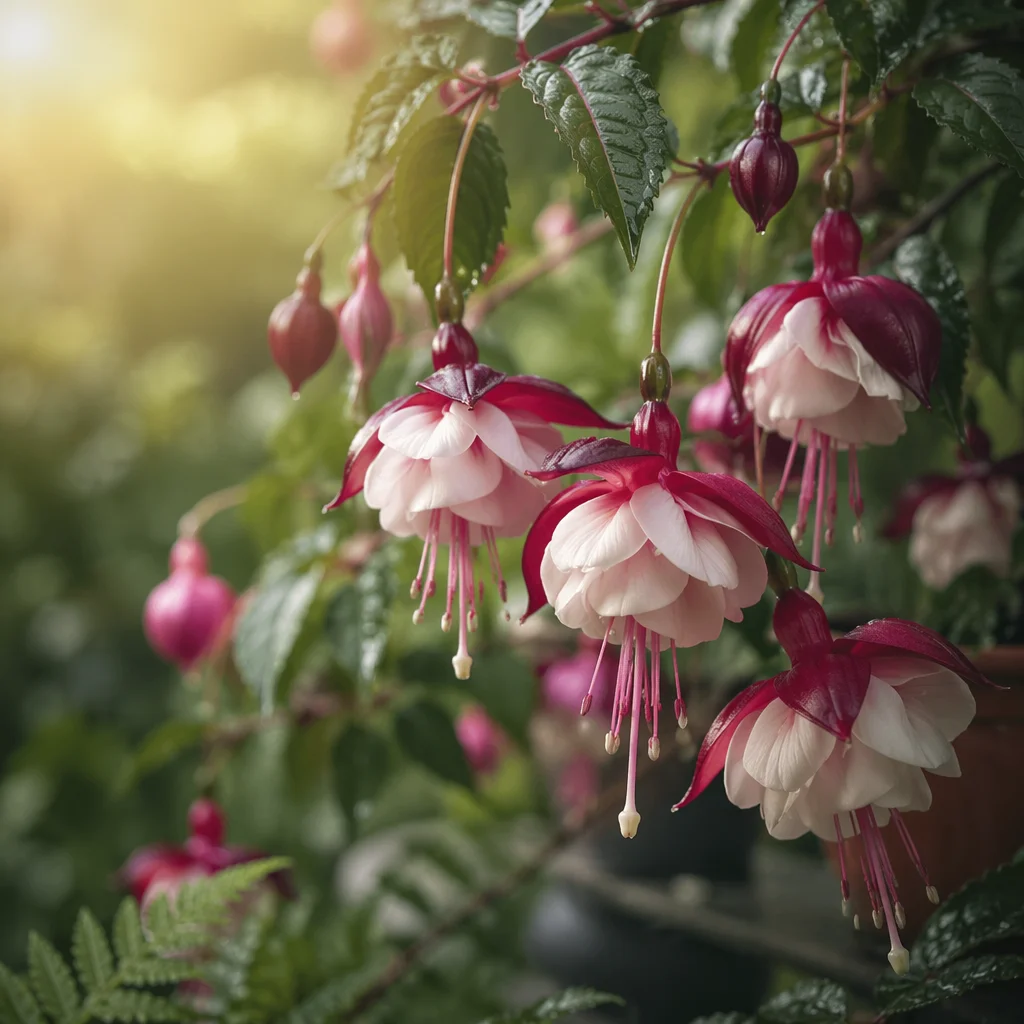 Dewy Spring Fuchsia Blossoms in Garden