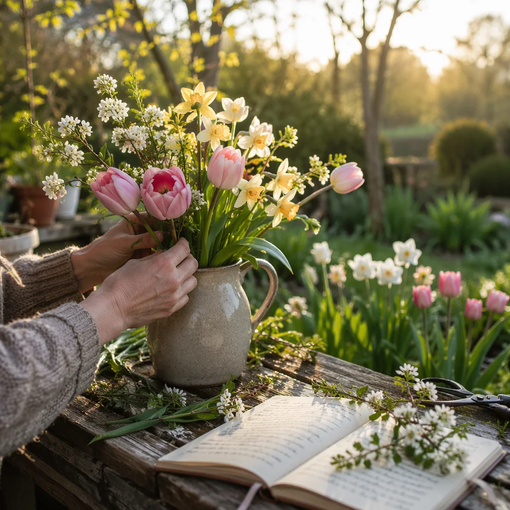 Sunrise Spring Flowers on Potting Bench