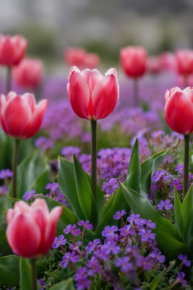 Fresh Spring Tulips Above Purple Blossoms