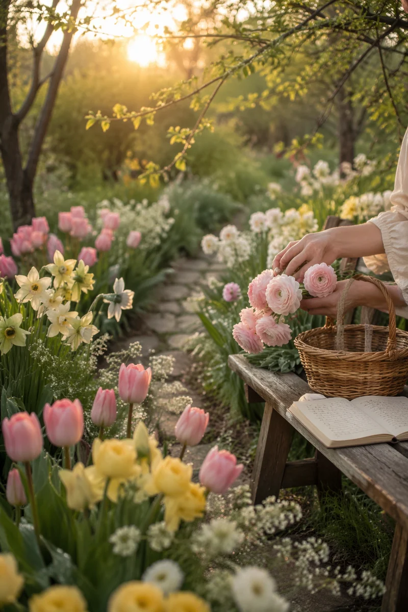 Spring Garden Flowers by Stone Path