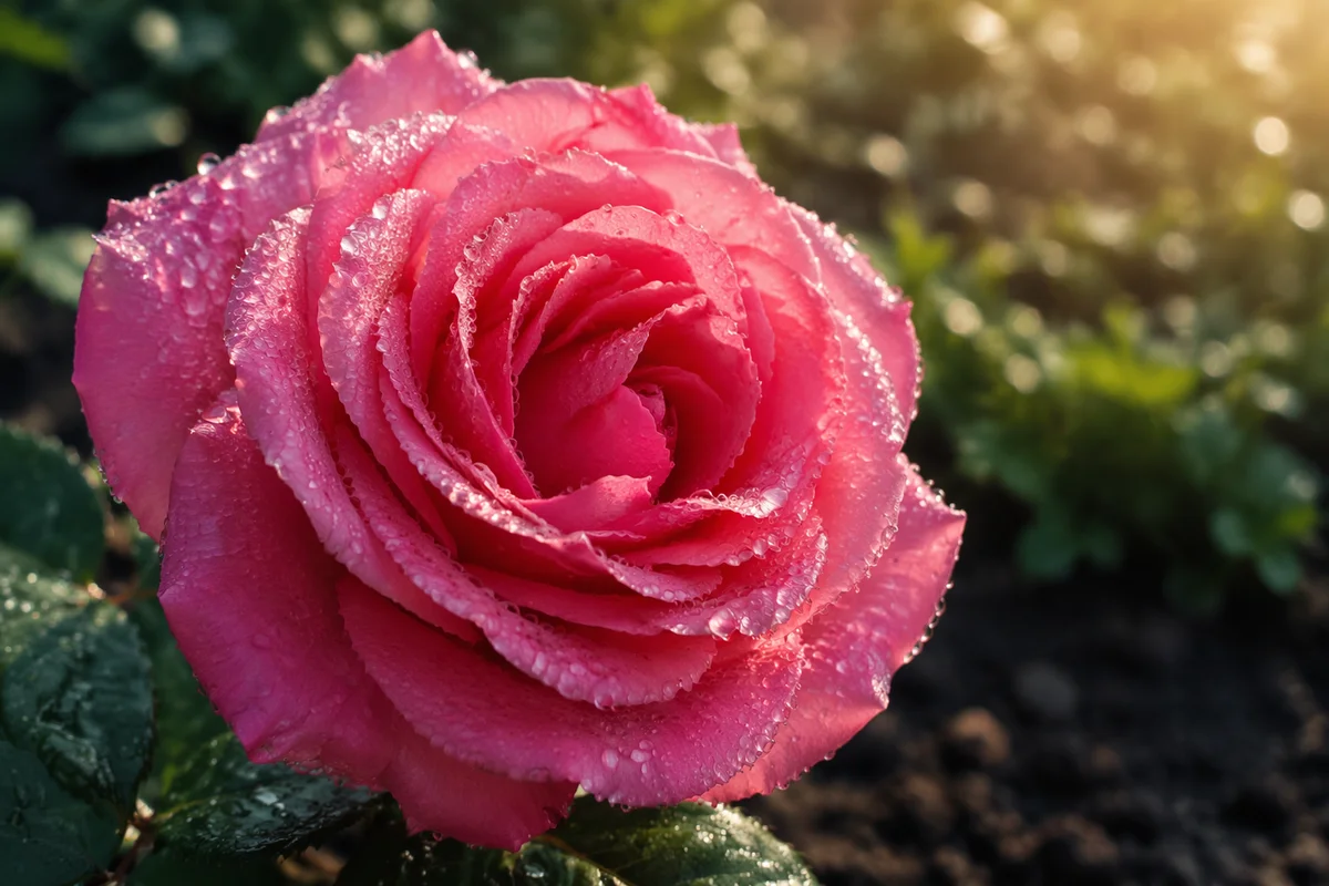 Dewy Pink Rose in Spring Garden