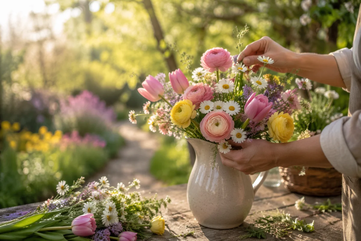 Peaceful Spring Flowers on Garden Bench