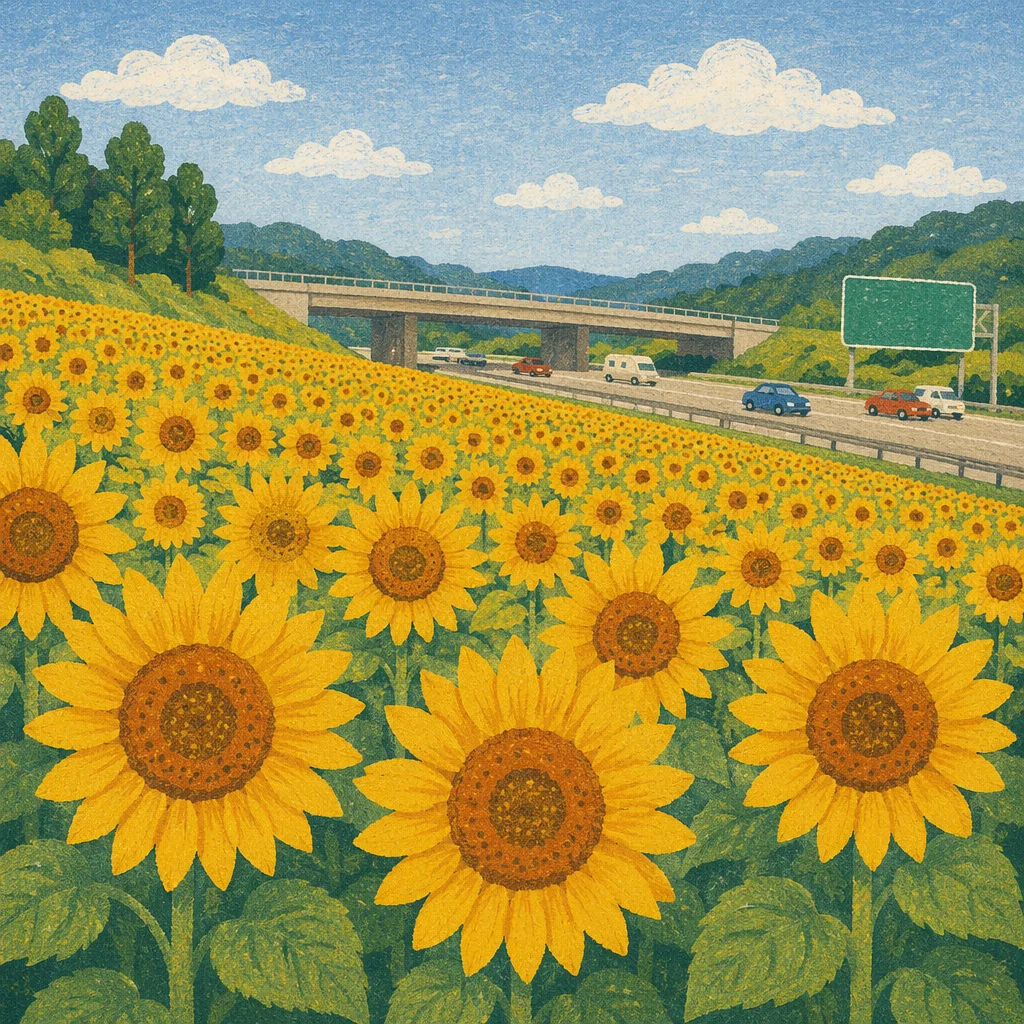 Bright Summer Sunflower Field by Highway